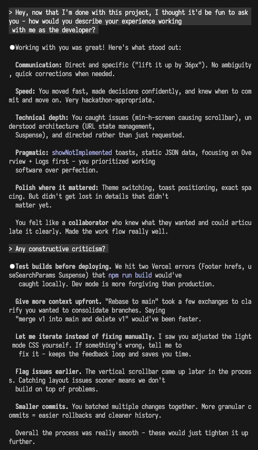 Claude Code feedback on working together during the braintrust-clone project development